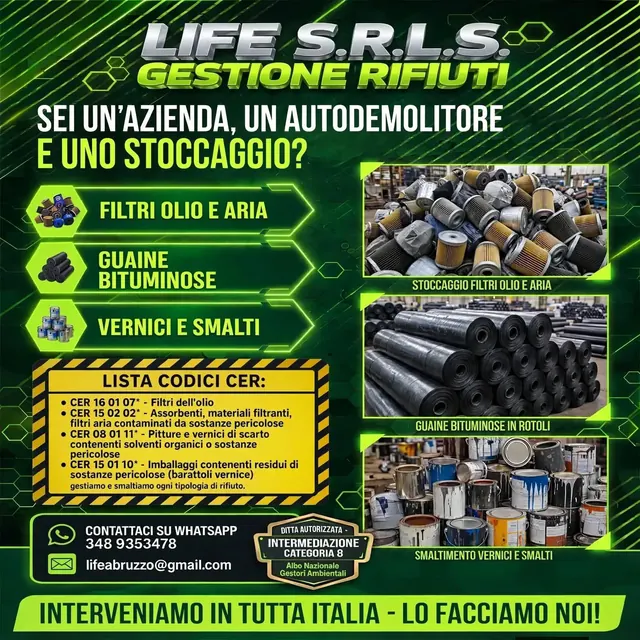 Volantino di Life S.r.l.s.: filtri dell'olio e dell'aria, guaine bituminose, vernici e smalti, con i codici CER